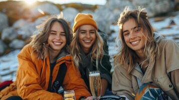 AI generated Three Women Sit on Ground With Drinks photo