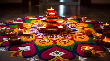 ai generado diwali decoraciones presentando vibrante y artístico rangoli diseños generativo ai foto