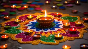 AI generated Diwali decorations with colorful rangoli. Generative AI photo