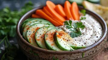 AI generated Bowl of Cucumber, Carrots, and Ranch Dressing photo