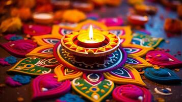 AI generated Diwali decorations with colorful and intricate rangoli designs. Generative AI photo