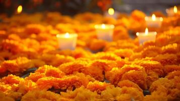 AI generated Diwali decorations with marigold flowers. Generative AI photo