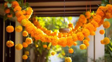 AI generated Diwali decorations with marigold garlands. Generative AI photo