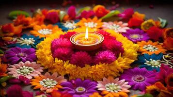 ai generado diwali decoraciones con vibrante floral rangoli. generativo ai foto