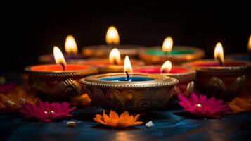 ai generado diwali diya iluminado en contra oscuridad. generativo ai foto