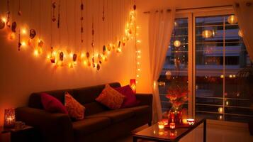 AI generated Diwali lights illuminating a living room. Generative AI photo