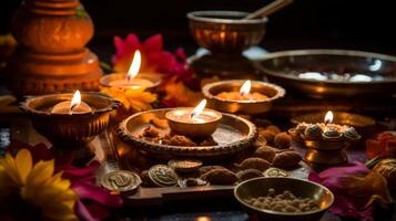 AI generated Diwali puja with incense and offerings. Generative AI photo