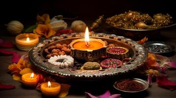AI generated Diwali puja thali with sacred symbols. Generative AI photo