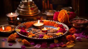 AI generated Diwali puja thali with sacred offerings and incense. Generative AI photo