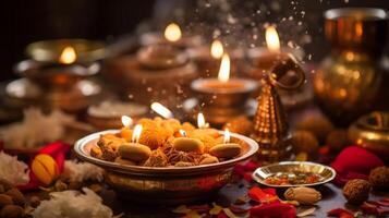 AI generated Diwali puja with offerings and incense. Generative AI photo