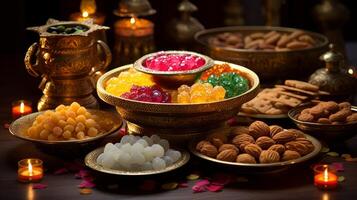 AI generated Diwali sweets and snacks in ornate bowls. Generative AI photo