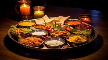 AI generated Diwali thali with an array of offerings. Generative AI photo