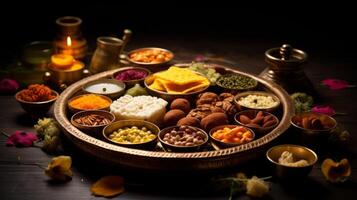 AI generated Diwali thali with an array of offerings. Generative AI photo
