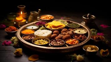 ai generado diwali thali con un formación de ofrendas. generativo ai foto