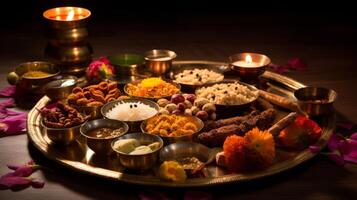 AI generated Diwali thali with traditional offerings. Generative AI photo