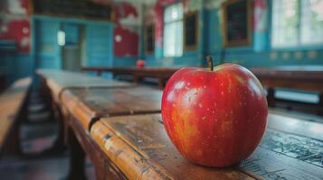 ai generado rojo manzana en de madera mesa foto