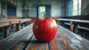 ai generado rojo manzana en de madera mesa foto