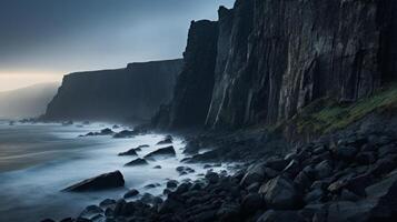 AI generated Dramatic and moody coastal cliffs at dusk. Generative AI photo