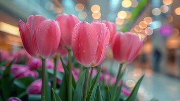 ai generado rosado tulipanes desplegado a flor tienda foto