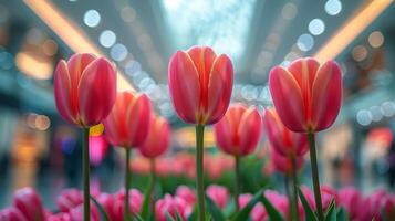 ai generado rosado tulipanes desplegado a flor tienda foto