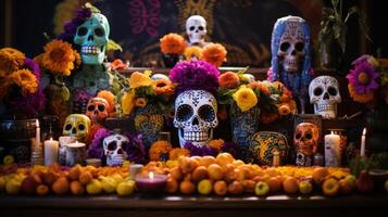 ai generado elaborar día de el muerto ofrenda altar. generativo ai foto