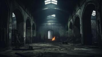 AI generated Eerie and moody interior of an old building. Generative AI photo