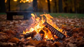 AI generated Fallen leaves around a cozy campfire. Generative AI photo