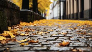 AI generated Fallen leaves on a cobblestone street. Generative AI photo