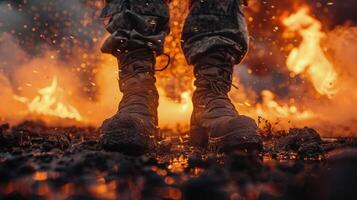 ai generado persona en pie en frente de fuego foto