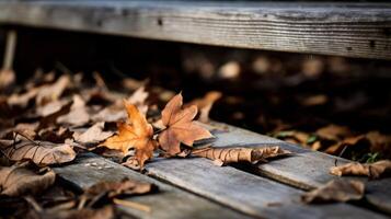 AI generated Fallen leaves on a rustic wooden bench. Generative AI photo