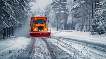 ai generado nieve arado borra Nevado la carretera foto