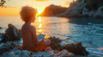 AI generated Child Sitting on Rock by Ocean photo