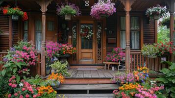 AI generated Blue House With Pink Door Surrounded by Flowers photo