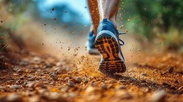 ai generado hombre corriendo en rocoso sendero foto