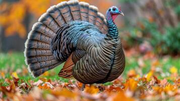 ai generado Turquía en pie entre otoño hojas foto