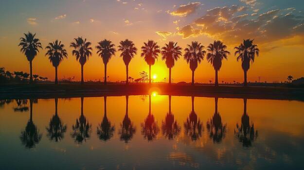 AI generated Stunning Sunset With Palm Trees Reflecting in Water photo