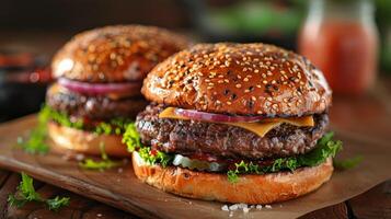 ai generado dos hamburguesas en de madera corte tablero foto