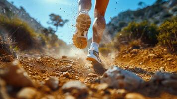 ai generado hombre corriendo en rocoso sendero foto