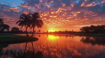 AI generated Stunning Sunset With Palm Trees Reflecting in Water photo