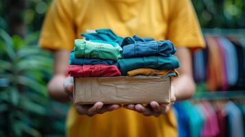 AI generated Person Holding Box of Sweaters in Snow photo