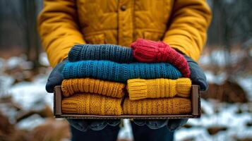 AI generated Person Holding Box of Sweaters in Snow photo