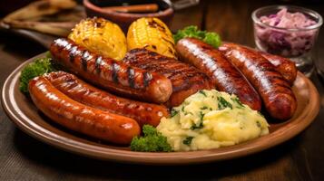 AI generated Grilled sausages, bbq sides, complete meal. Generative AI photo