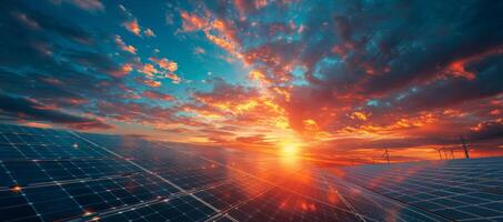 AI generated Solar Panel Generating Power at Sunset photo