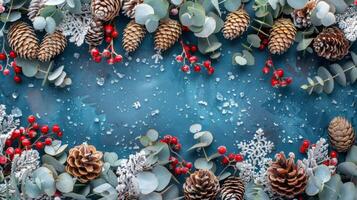 AI generated Blue Background With Pine Cones and Berries photo