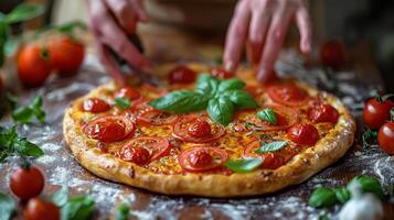 ai generado mujer haciendo Pizza en mesa foto