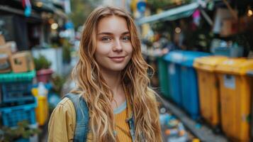 AI generated Woman Standing in Front of Trash Cans photo