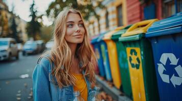 AI generated Woman Standing in Front of Trash Cans photo