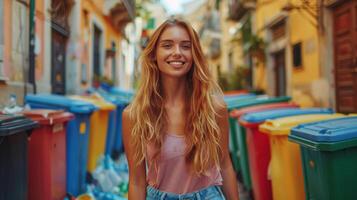 AI generated Woman Standing in Front of Trash Cans photo