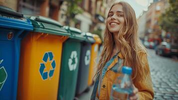 ai generado mujer en pie siguiente a fila de basura latas foto