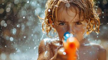 ai generado joven niña jugando con agua pistola foto